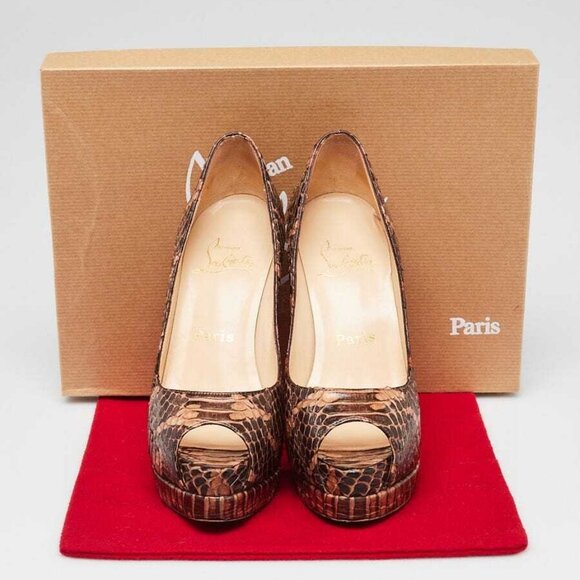 Christian Louboutin Brown Watersnake Altadama 140 Peep-Toe Pumps Size 4.5/35 - Picture 1 of 5